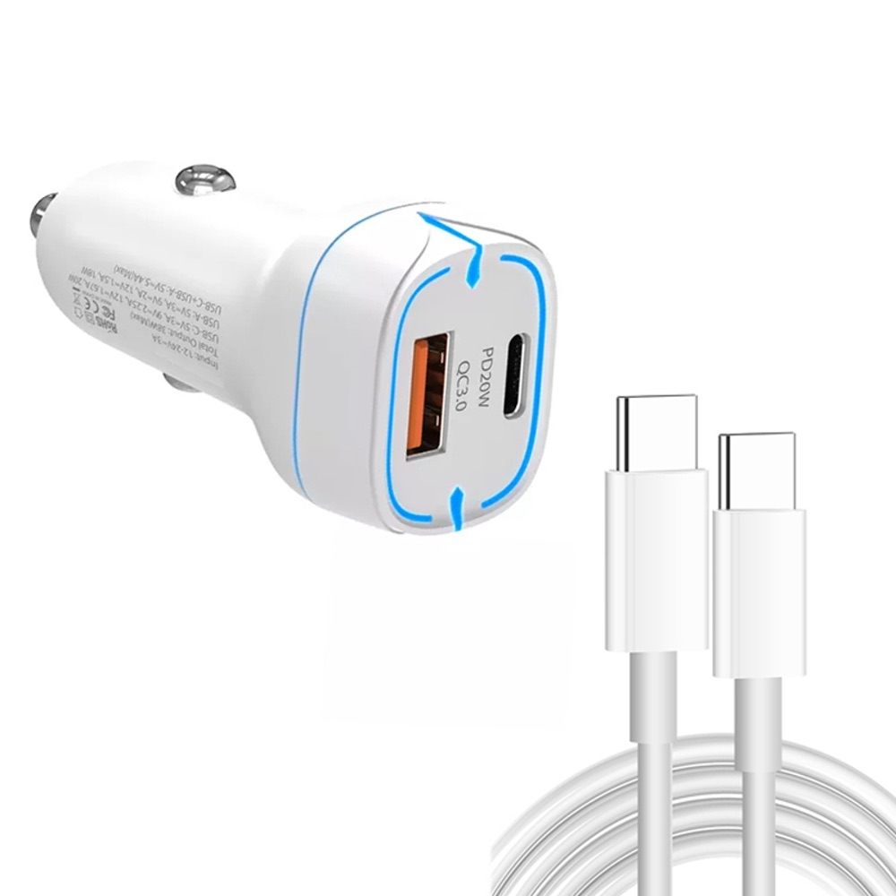 Car Charger 38W PD20W + QC3.0 USB With Type C Cable - White