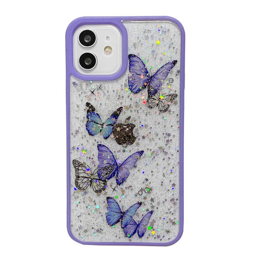 iPhone 13 Case Protective Butterfly Glitter Epoxy TPU - Purple