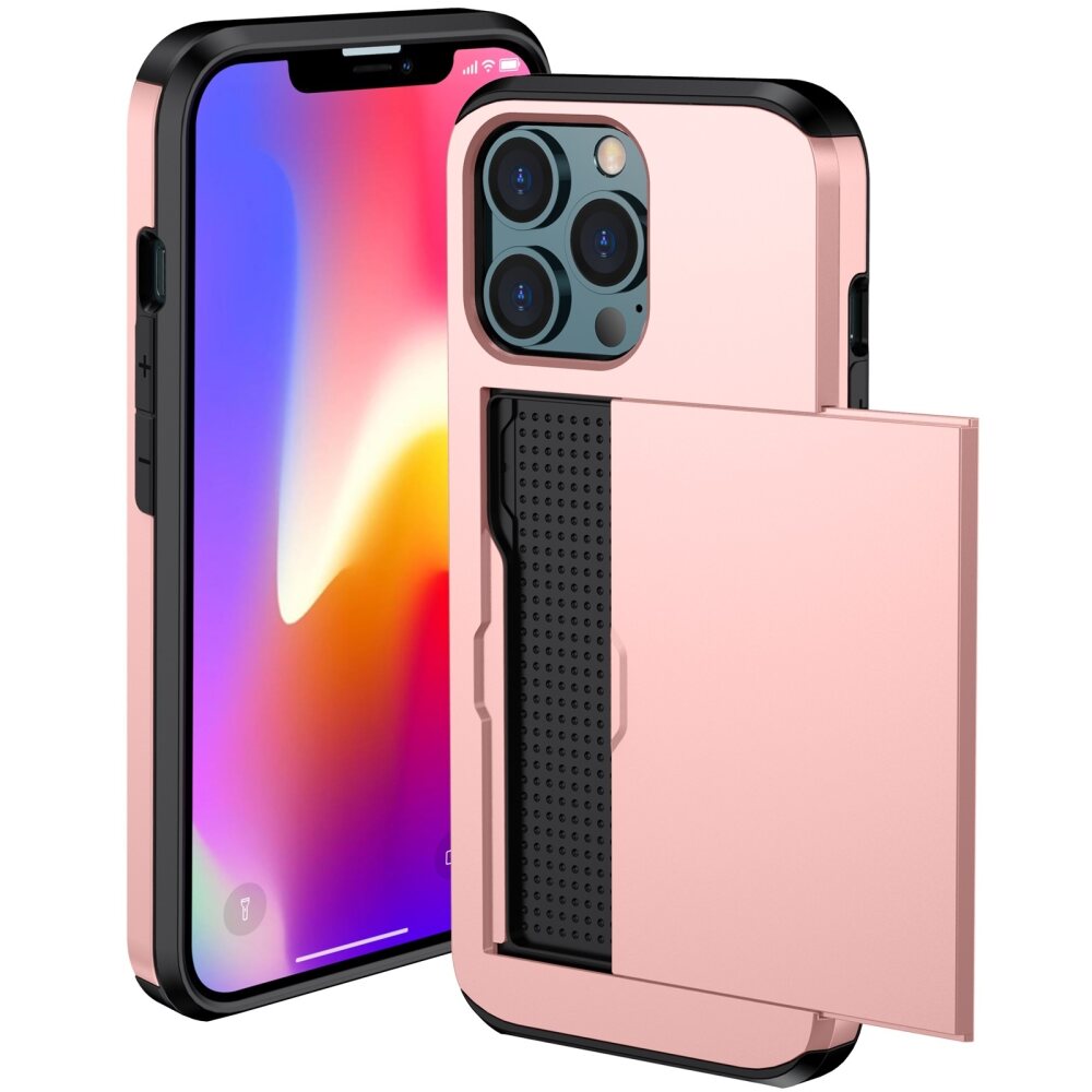 iPhone 14 Pro Max Case With Card Slots Made With TPU + PC - Rose Gold