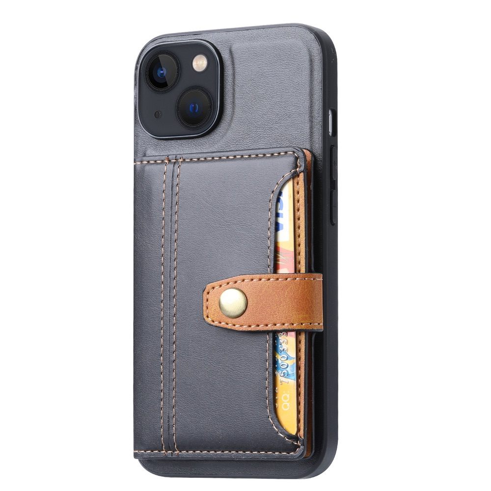 iPhone 15 Case Calfskin Texture PU Leather with 5 Card Slots - Black