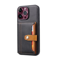 iPhone 15 Pro Case Calfskin Texture PU Leather with 5 Card Slots - Black