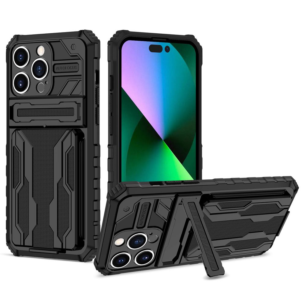 iPhone 15 Pro Max Case Armor Card Wallet With Kickstand - Black