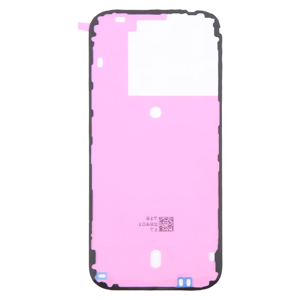 Full view of iPhone 16 Pro back housing cover adhesive in pink with black borders, ensuring robust attachment for repairs.