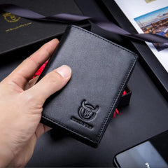 Mens Wallet BULLCAPTAIN Large Capacity Genuine Leather Bifold - Black