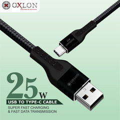 USB Type C Cable Braided Fast Charging Data Cable 25W - Black