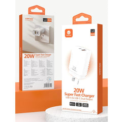 USB Wall Charger Fast Charge VFAN AU6 20W PD for iPhone, iPad, Samsung