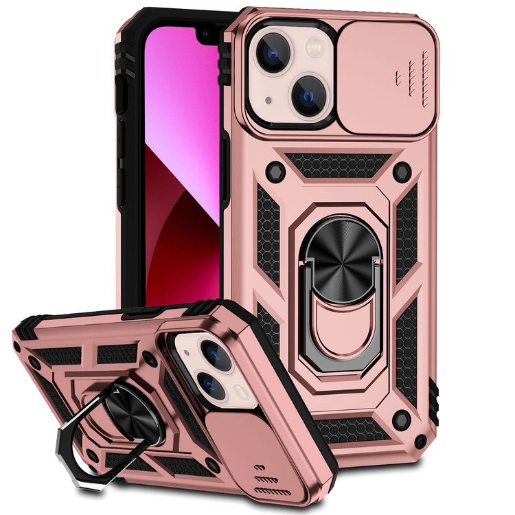 iPhone 14 Case With Camera Shield Cover & Ring Holder - Rose Gold