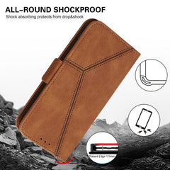 iPhone 14 Plus Case Embossing Stripe RFID Secure Wallet - Brown