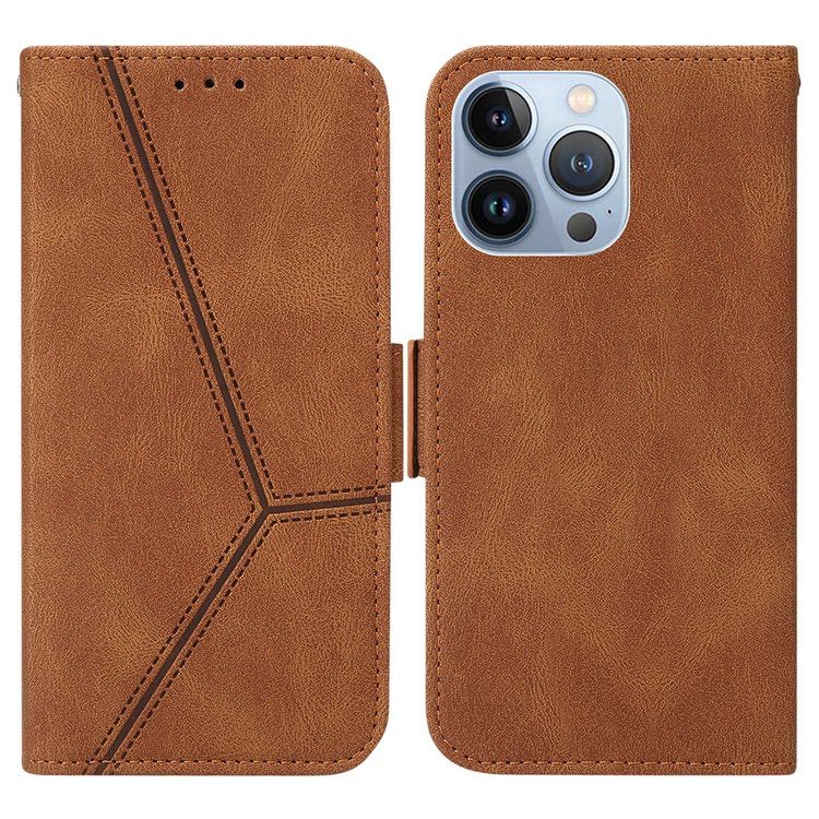 iPhone 14 Pro Case Embossing Stripe RFID Secure Flip Wallet - Brown