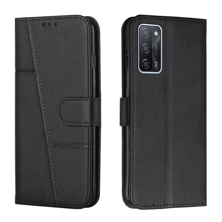 OPPO A16 Case Stitching Calf Texture Secure Wallet - Black