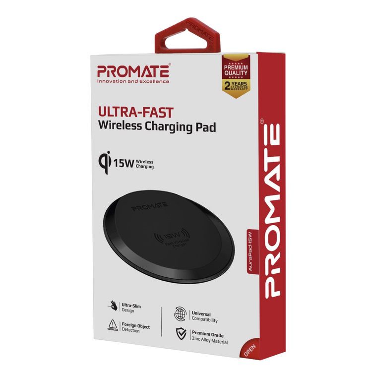 Wireless Charger Ultra Slim 15W Fast Charge Promate - Black